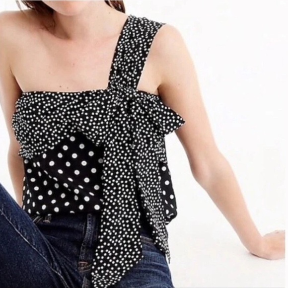 NWT J. Crew Silk Black White Polka Dot One-Shoulder Bow Top Size 00 - Picture 1 of 10